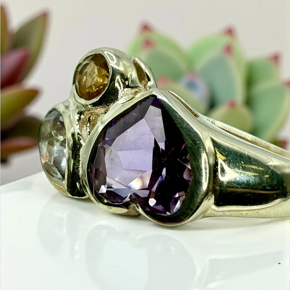 Sterling Silver Multi-Gemstone Ring – Amethyst, Citrine & Topaz – Size 6
